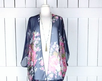 Blue and purple floral print sheer kimono cover up