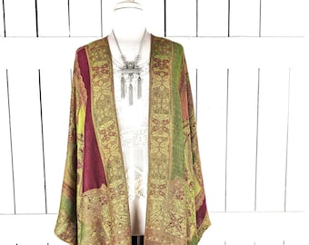 Green burgundy paisley floral pashmina kimono cardigan cover up
