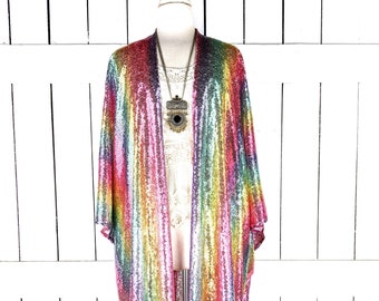 Maxi rainbow striped colorful sequins kimono cover up jacket with custom length