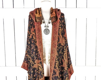 Hooded black and orange paisley pashmina kimono cover up jacket with custom length and fringe detail