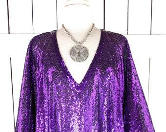 Purple sequins kimono vneck caftan cover up tunic dress