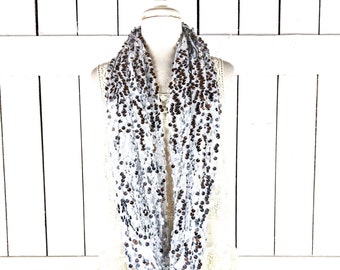 Silver sequin white sheer net fringe tassel shawl scarf