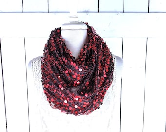 Red sequin black sheer net fringe tassel shawl scarf