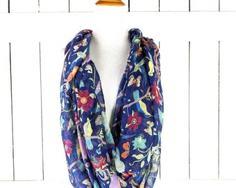 Blue floral butterfly bird print gauzy wrap shawl scarf