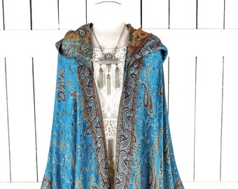 Hooded blue and gold pashmina kimono cover up jacket with custom length and fringe detail