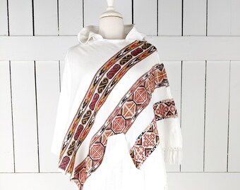 White tribal striped hooded tassel poncho