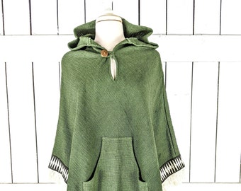 Dark green cotton tribal hooded tassel poncho
