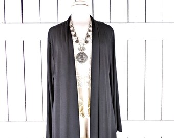 Black unisex stretch jersey knit long sleeve duster kimono cardigan cover up