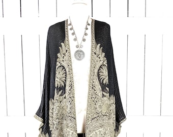 Black beige floral pashmina kimono cover up jacket with custom lengths and fringe detail