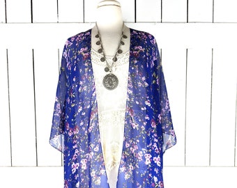Sheer blue floral chiffon kimono cover up