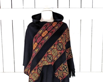 Black boho striped hooded tassel poncho