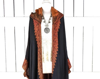 Hooded maxi black orange border paisley pashmina kimono cover up jacket with custom length and fringe detail