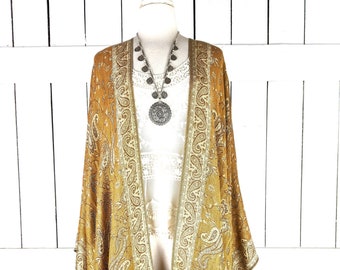 Gold grey paisley pashmina kimono cover up jacket with custom length and fringe detail