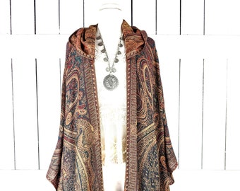 Hooded maxi teal orange tribal pashmina kimono cover up jacket with custom length and fringe detail