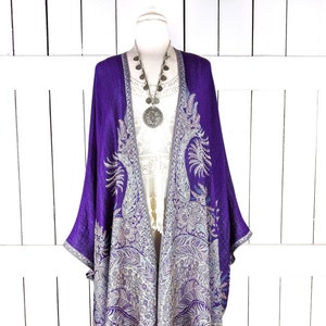 Purple floral reversible pashmina kimono cover up jacket with custom lengths and fringe detail image 1