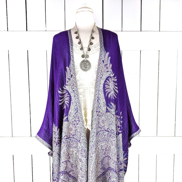 Purple floral reversible pashmina kimono cover up jacket with custom lengths and fringe detail