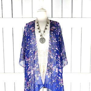 Sheer blue floral chiffon kimono cover up image 1