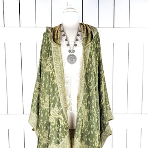 Hooded green paisley pashmina kimono cover up jacket with custom length and optional fringe detail