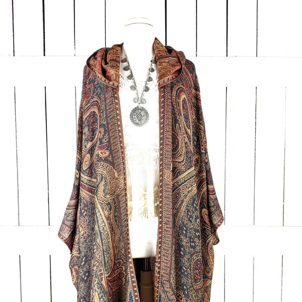 Hooded maxi teal orange tribal pashmina kimono cover up jacket with custom length and fringe detail