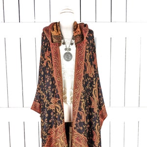 Hooded black and orange paisley pashmina kimono cover up jacket