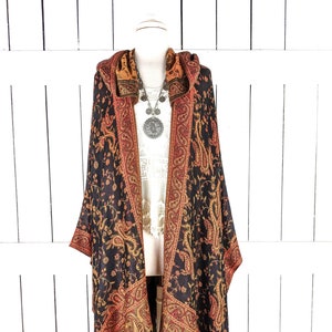 Hooded black and orange paisley pashmina kimono cover up jacket with custom length and fringe detail