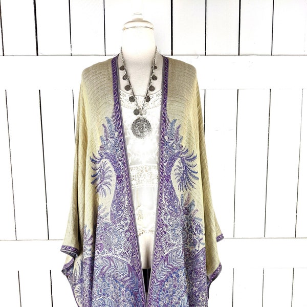Beige and purple floral reversible pashmina kimono cover up jacket with custom length and fringe detail