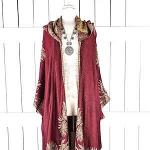 Maxi burgundy floral pashmina hooded kimono cover up jacket with custom length and fringe detail
