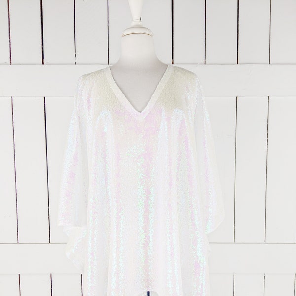 Iridescent white sequins kimono caftan cover up tunic top with custom length and color