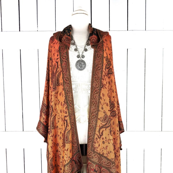 Hooded orange and black paisley pashmina kimono cover up jacket with custom length and fringe detail