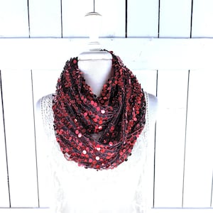Red sequin black sheer net fringe tassel shawl scarf
