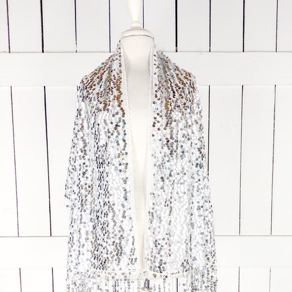 Silver sequin white sheer net fringe tassel shawl scarf