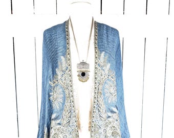 Steele blue floral reversible pashmina kimono cover up