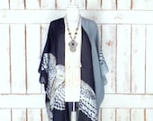 Handmade owl print sheer gauzy kimono cardigan color block bird print lightweight sheer cover up black grey festival top sml plus one size