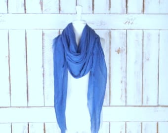 Blue gauzy crinkled cotton blend wrap shawl scarf/handmade oversized lightweight blue scarf/unisex raw hem fringe scarf/blanket travel scarf