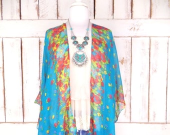 Turquoise blue lightweight gauzy floral sheer kimono cover up