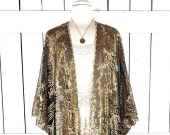 Gold and black sequin sheer kimono cover up jacket with custom length and fringe detail