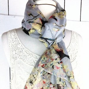 Handmade floral bird gauzy wrap shawl scarf/oversized lightweight graphic scarf/floral travel scarf