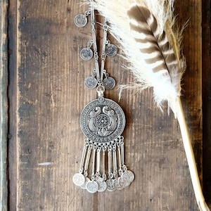 Silver boho tribal coin bird medallion tassel coin necklace