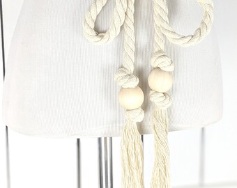 Ivory long woven braided rope knotted fringe tassel tie belt Ivory Long Braided Knotted Wooden Bead Fringe Tassel Tie  main image 4