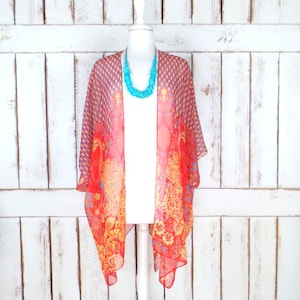 Red and yellow peacock floral sheer kimono cardigan cover up