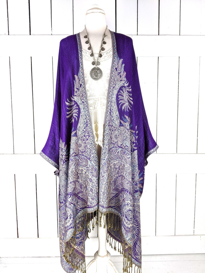 Purple floral reversible pashmina kimono cover up jacket with custom lengths and fringe detail image 1