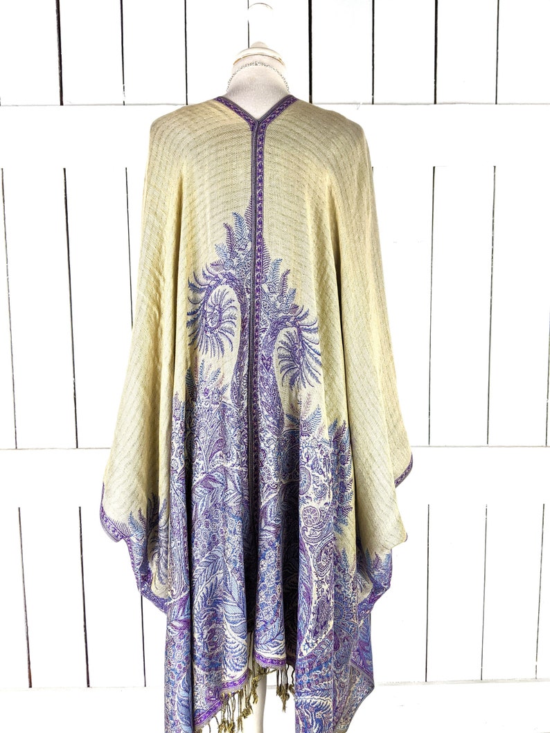 Purple floral reversible pashmina kimono cover up jacket with custom lengths and fringe detail image 4