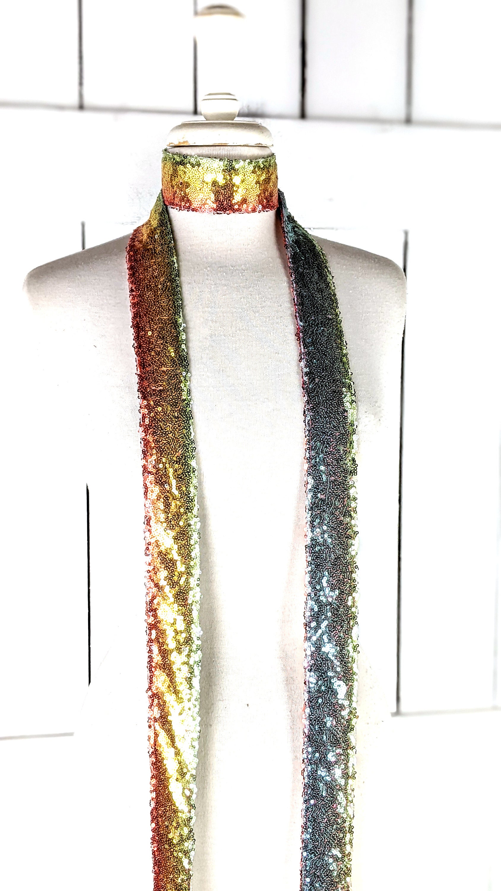 Rainbow Sequins Skinny Long Sash Tie Necklace Choker Belt 