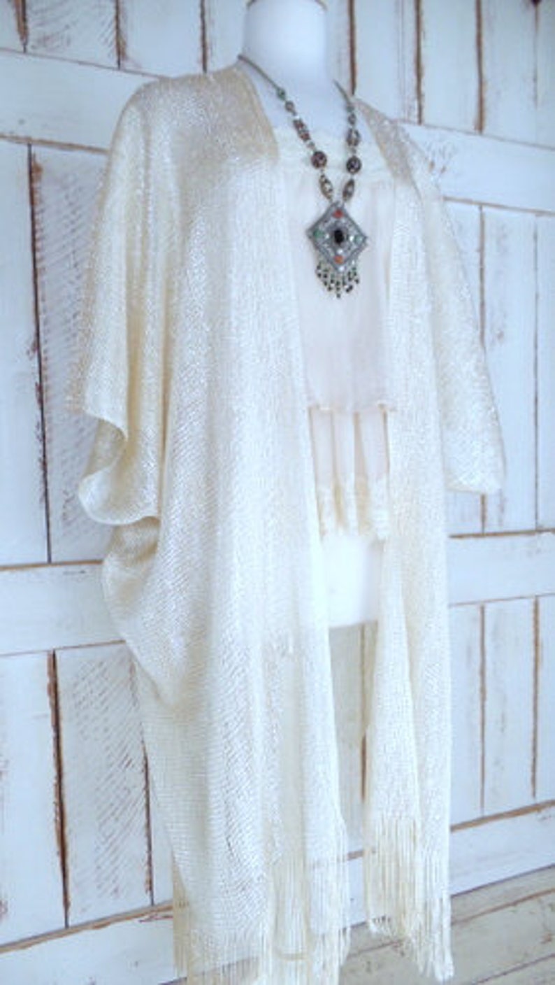 Light gold sheer gauzy metallic thread bohemian fringe kimono cardiganwoven mesh cover up blousegypsy festival topone size
