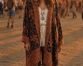 Hooded black and orange paisley pashmina kimono cover up jacket