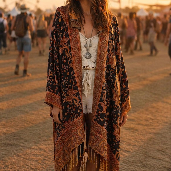 Hooded black and orange paisley pashmina kimono cover up jacket