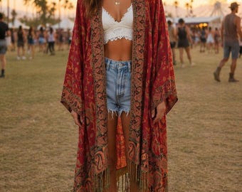 Red and Gold Paisley Fringe Kimono Coverup