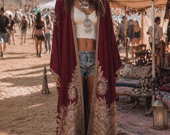 Maxi burgundy floral pashmina kimono cover up