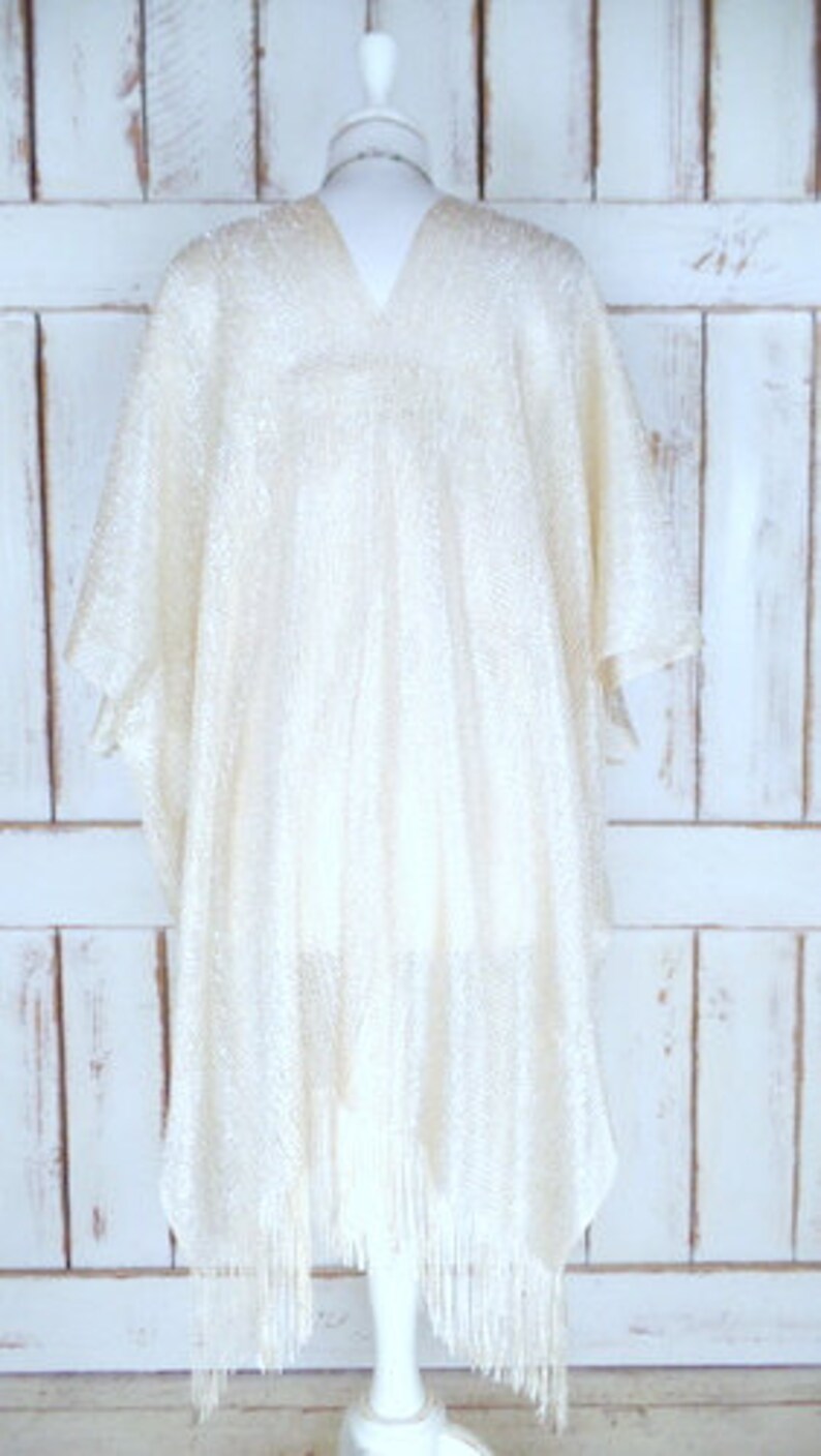 Light gold sheer gauzy metallic thread bohemian fringe kimono cardiganwoven mesh cover up blousegypsy festival topone size