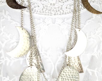 Gold tone hammered metal moon chain necklace